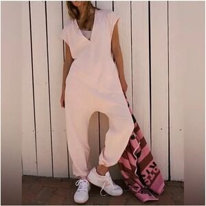 Free People Movement Petal Pink Hot‎ Shot V Neck Cut Out Back Jumpsuit Medium